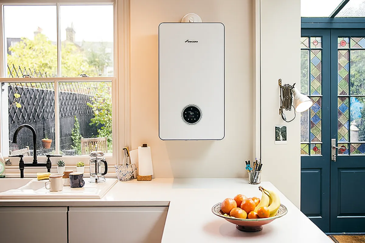 Newly installed wall-mounted combi boiler in a bright kitchen on the Fylde Coast